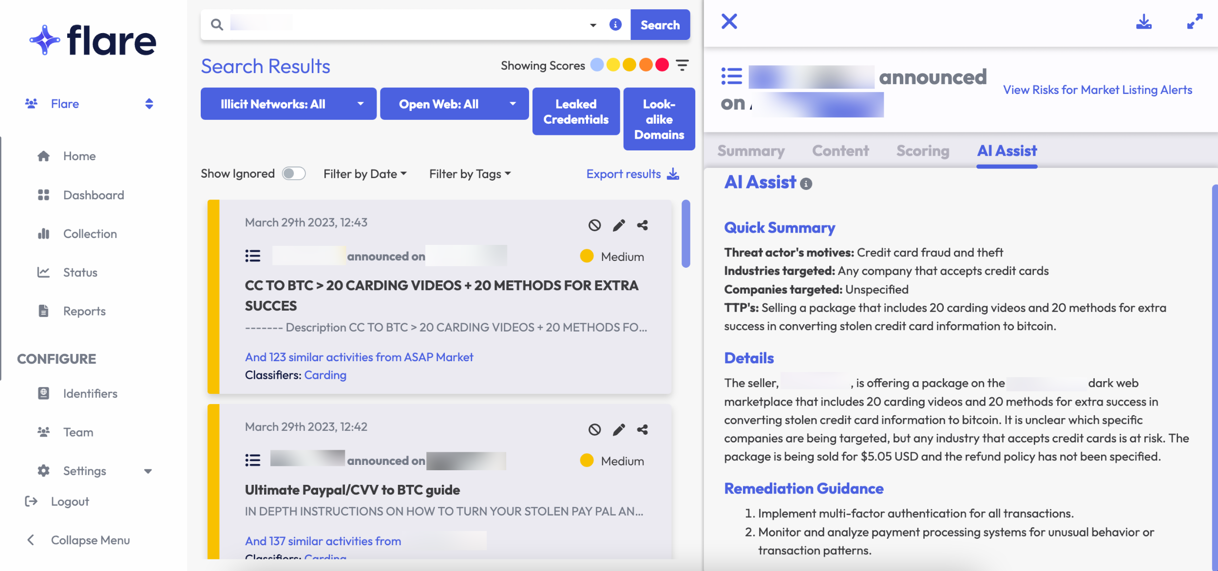 Screenshot of Flare platform clicked into a search result for an alert. The AI Powered Assistant tab shows the Quick Summary, Details, and Remediation Guidance of the alert.
