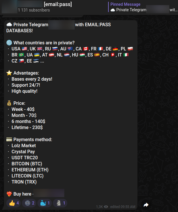 Telegram screenshot of a threat actor advertising their private Telegram channel where they distribute stolen user data. White text over a black background with section titles: What countries are in private?, Advantages, Price, Payments method, and where to buy (blurred out).