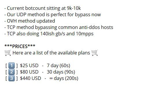 Screenshot of an advertisement for a threat actor’s channel selling botnet subscriptions for seven day, 30 day, and infinite access.