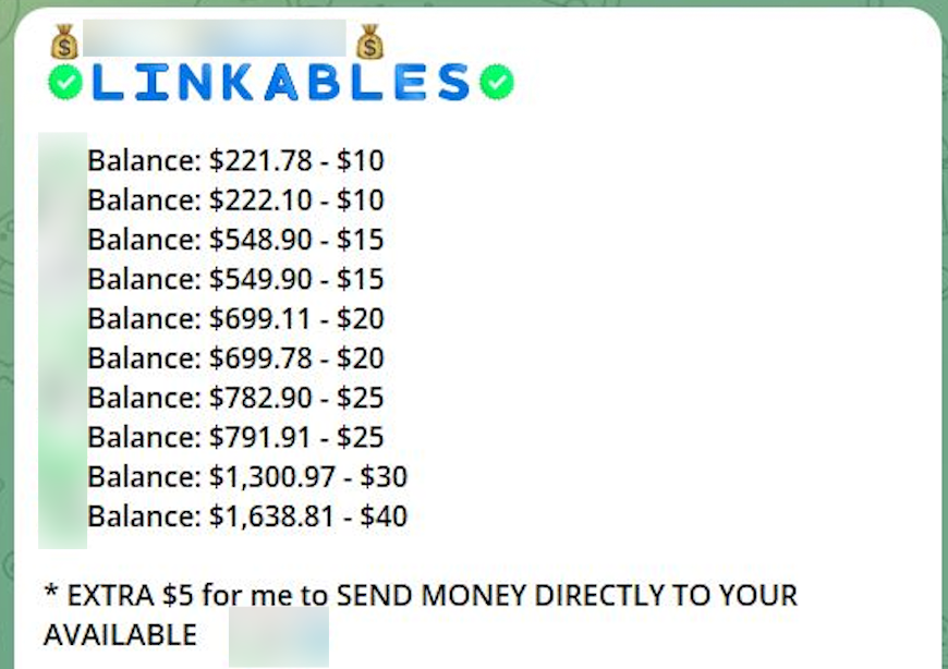 Screenshot that shows different balances for stolen banking credentials and the price for that information. The 10 accounts for sale range from having balances of $221.78 to $1,638.81, sold for as low as $10 to $40.