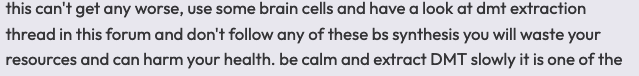 A dark web forum screenshot from Flare. The background is a light gray with black text. The threat actor replies discouraging using ChatGPT’s synthesis for DMT as it’s a major health risk and waste of resources.
