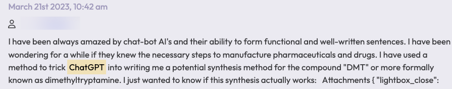 A dark web forum screenshot from Flare. The background is a light gray with black text. The threat actor writes about their experience attempting to write a potential synthesis method for the chemical DMT, a psychedelic drug.