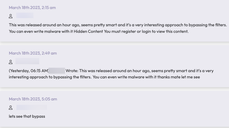 A dark web forum screenshot from Flare. The background is a light gray with black text. There are three messages in a row from threat actors about bypassing the filters to write malware.