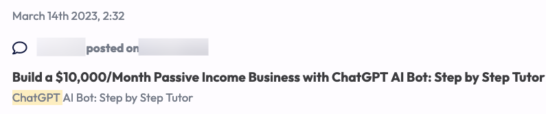 A dark web forum screenshot from Flare. The background is white with black text. The post is about a step by step tutor scheme to build a $10,000 business with ChatGPT.