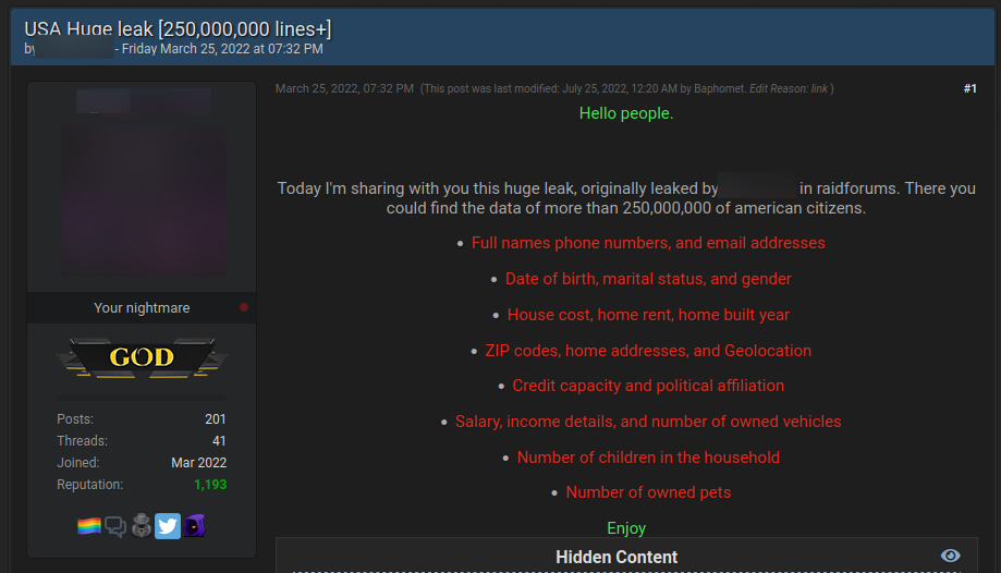 Dark web post over a dark background with the title “USA Huge leak” that advertises a leak of 250,000,000 American citizens and includes text on the type of information like full name, phone numbers, email addresses, date of birth, addresses, and more.