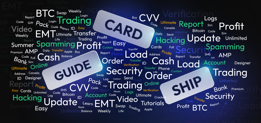 Word cloud of commonly used jargon on the dark web. The background is navy and the words are in differing sizes in white, green, brown, gray, and blue. There are three light blue rectangles scattered across the image with a word in each: card, guide, and ship in navy, demonstrating the top used words on the dark web.