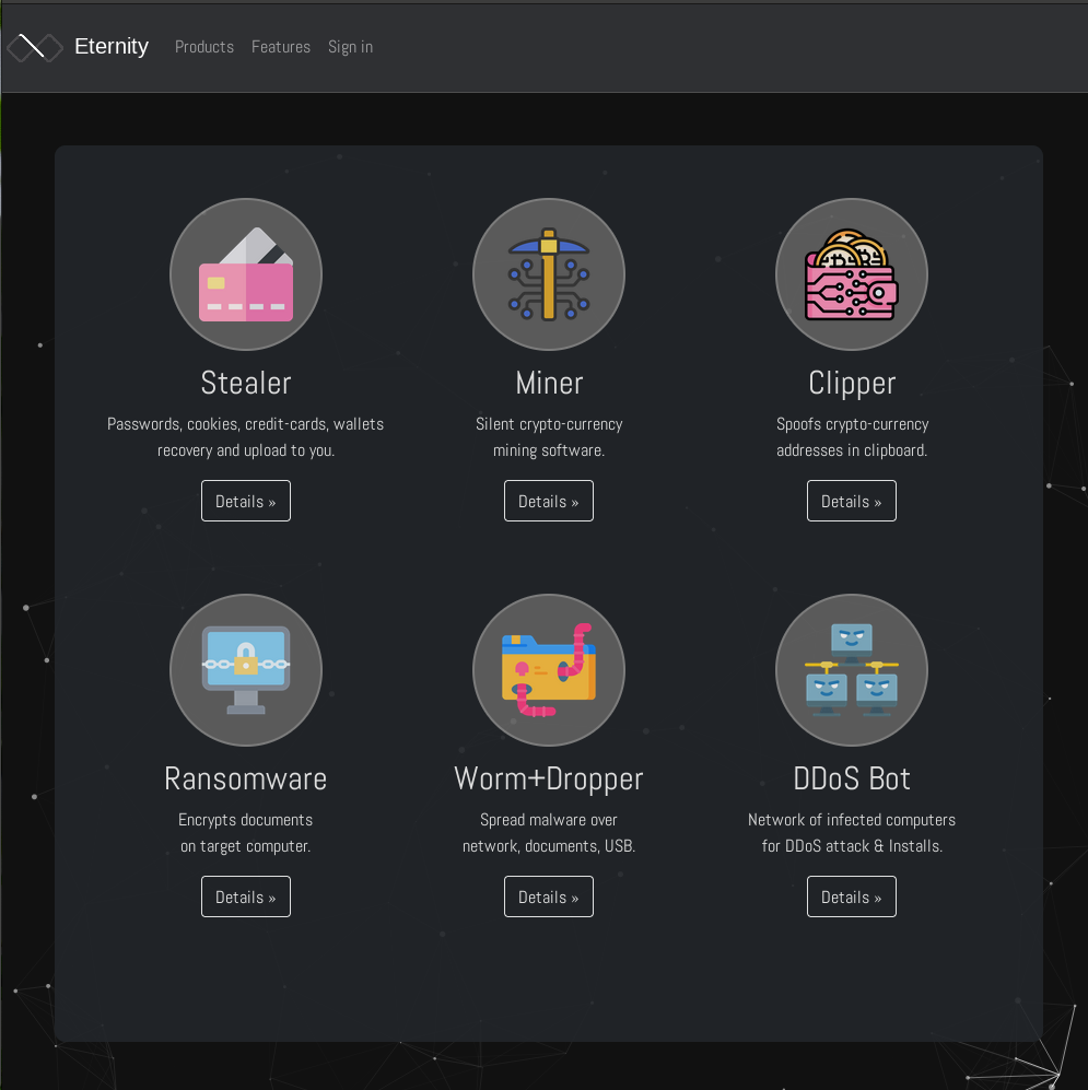Screenshot of Eternity, a dark web hosted shop. The background is black. There are six circles with icons in them, with text below each one for "Stealer," "Miner," "Clipper," "Ransomware," "Worm+Dropper," and DDoS bot.