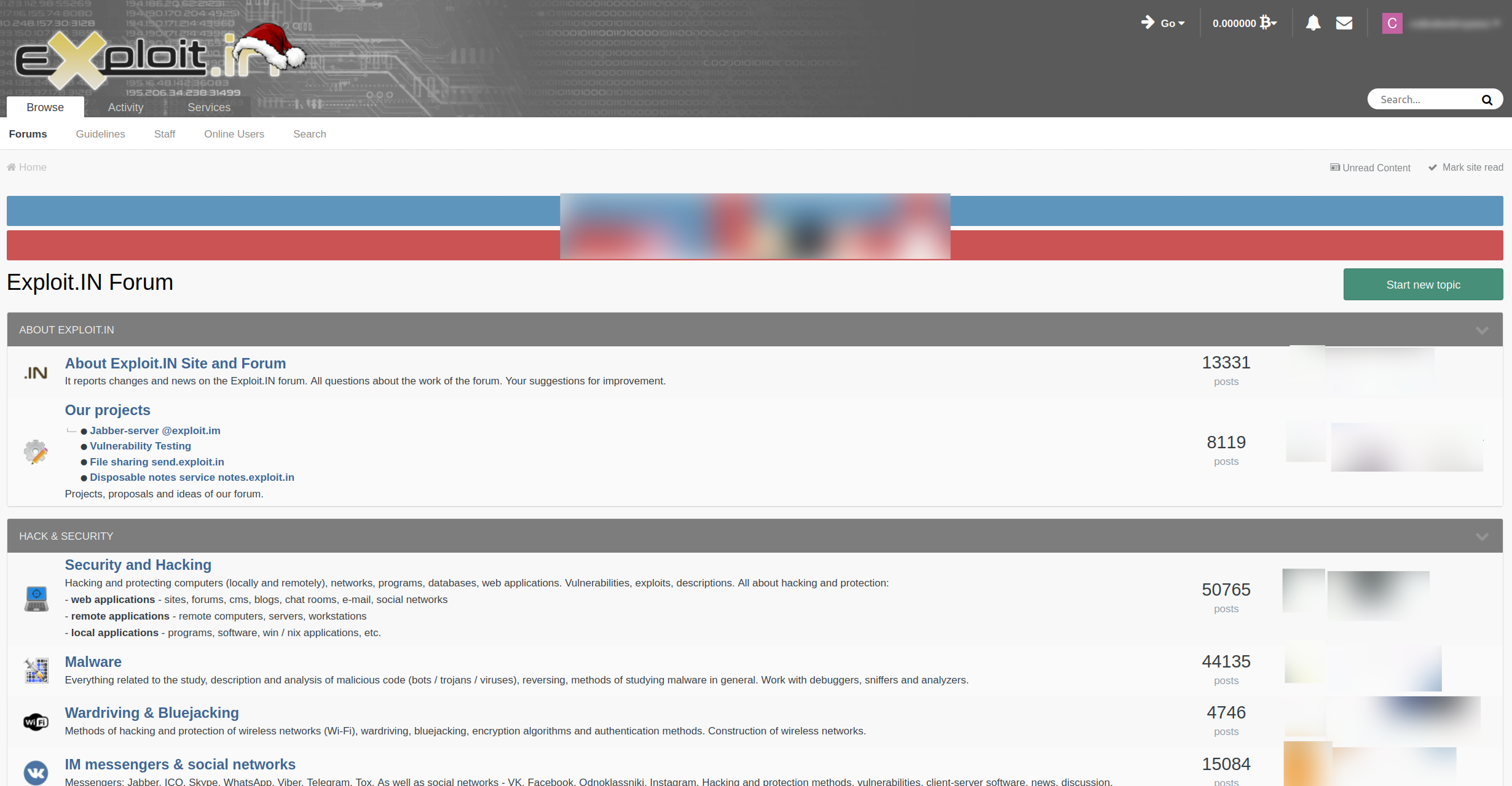 Screenshot of forum with the title “Exploit.in” in the top left. The rest of the webpage shares a description about the site and forum, various projects, and sections about posts about hacking.