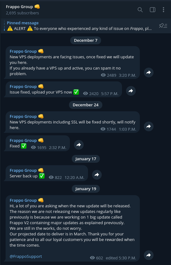 Screenshot of the Frappo Group's Telegram channel where administrators share updates. The background is navy. There are six messages discussing fixed issues and updates.