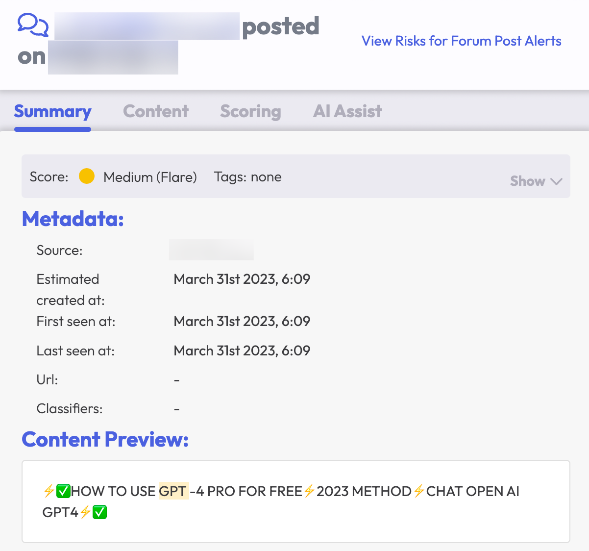 A dark web forum message screenshot from Flare. The background is a light gray with black text. The Content Preview shows: HOW TO USE GPT-4 FOR FREE 2023 METHOD CHAT OPEN AI GPT4