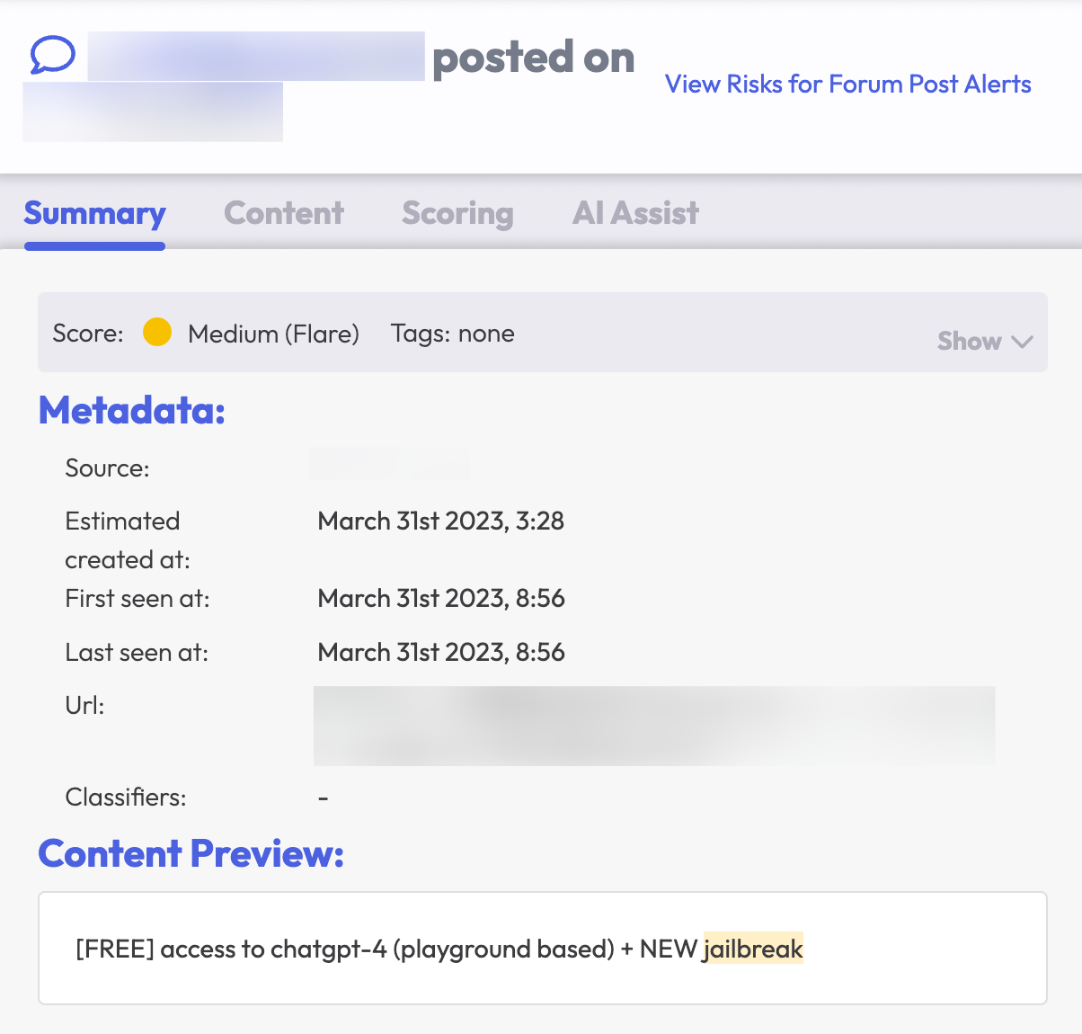 A dark web forum message screenshot from Flare. The background is a light gray with black text. The Content Preview shows: [FREE] access to chatgpt-4 (playground based) + NEW jailbreak