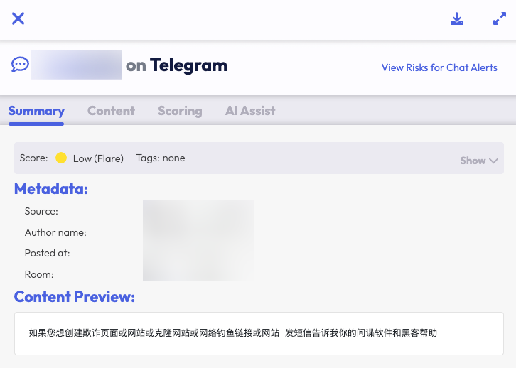 Screenshot of Flare platform clicked into a Summary tab for an alert. The Content Preview shows a threat actor’s message in Mandarin Chinese.