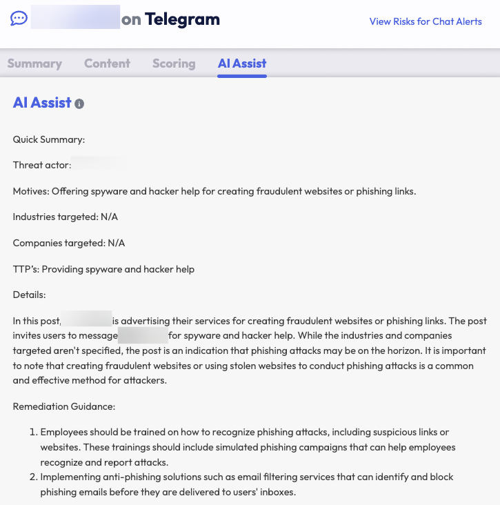 Screenshot of Flare platform clicked into the AI Assist tab for an alert. The AI Powered Assistant tab shows the Quick Summary, Details, and Remediation Guidance of the alert.
