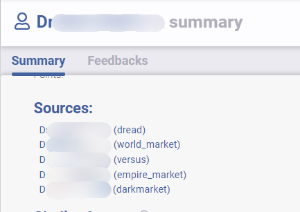 Screenshot from Flare of one threat actor's summary. There are five sources and the threat actor's name is the same for each source.
