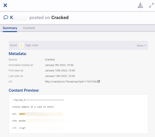 Flare screenshot from a threat actor posting on Cracked. The posting includes their Bitcoin, Ethereum, and Litecoin information.