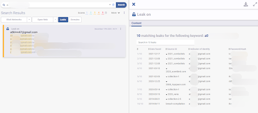 Flare screenshot of search results for matching leaks for a certain keyword. There are 10 matching results for the searched keyword.