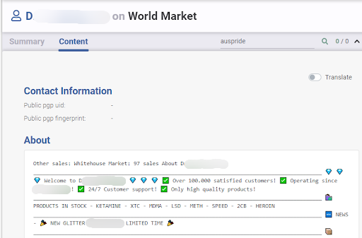 Screenshot from Flare of one threat actor's content on World Market. The message advertises the drugs they are selling.