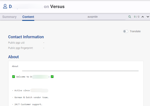 Screenshot from Flare of one threat actor's content on Versus. The message advertises that they are in a German & Dutch vendor team with 24/7 customer support.