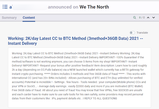 Flare screenshot of a threat actor's post on We The North. The post advertises a credit card fraud method.