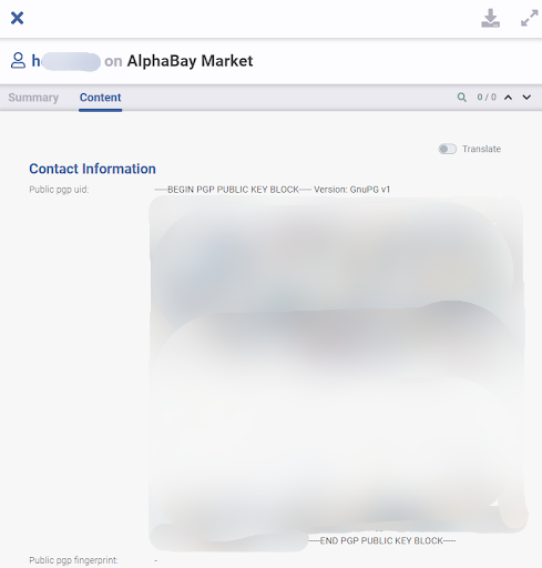 Flare screenshot shows a threat actor's contact information on AlphaBay Market with their PGP posted.