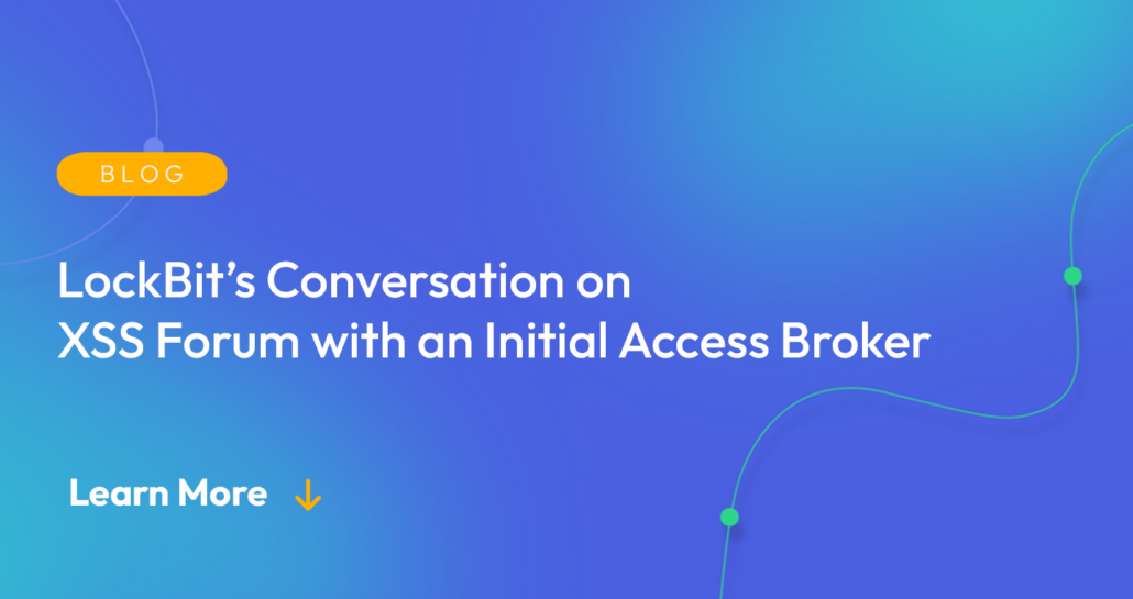 Gradient blue background. There is a light orange oval with the white text "BLOG" inside of it. Below it there's white text: "LockBit's Conversation on XSS Forum with an Initial Access Broker" with a light orange arrow pointing down.