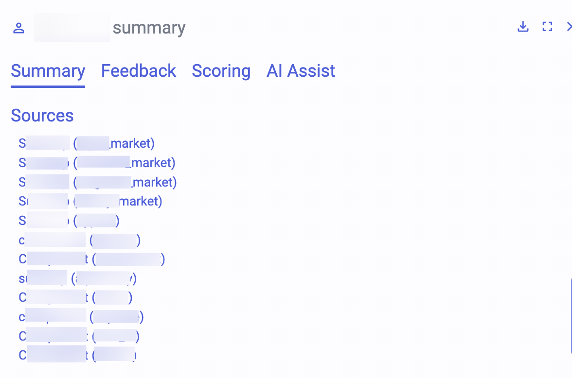Screenshot from Flare that shows the summary of a threat actor from AI Assist. This screenshot shows a summary of a threat actor. Under the section of Sources, there are 12 usernames indicating the threat actor is active across twelve sources. Some usernames begin with S and others with C, showing the threat actor uses different names across illicit sources.