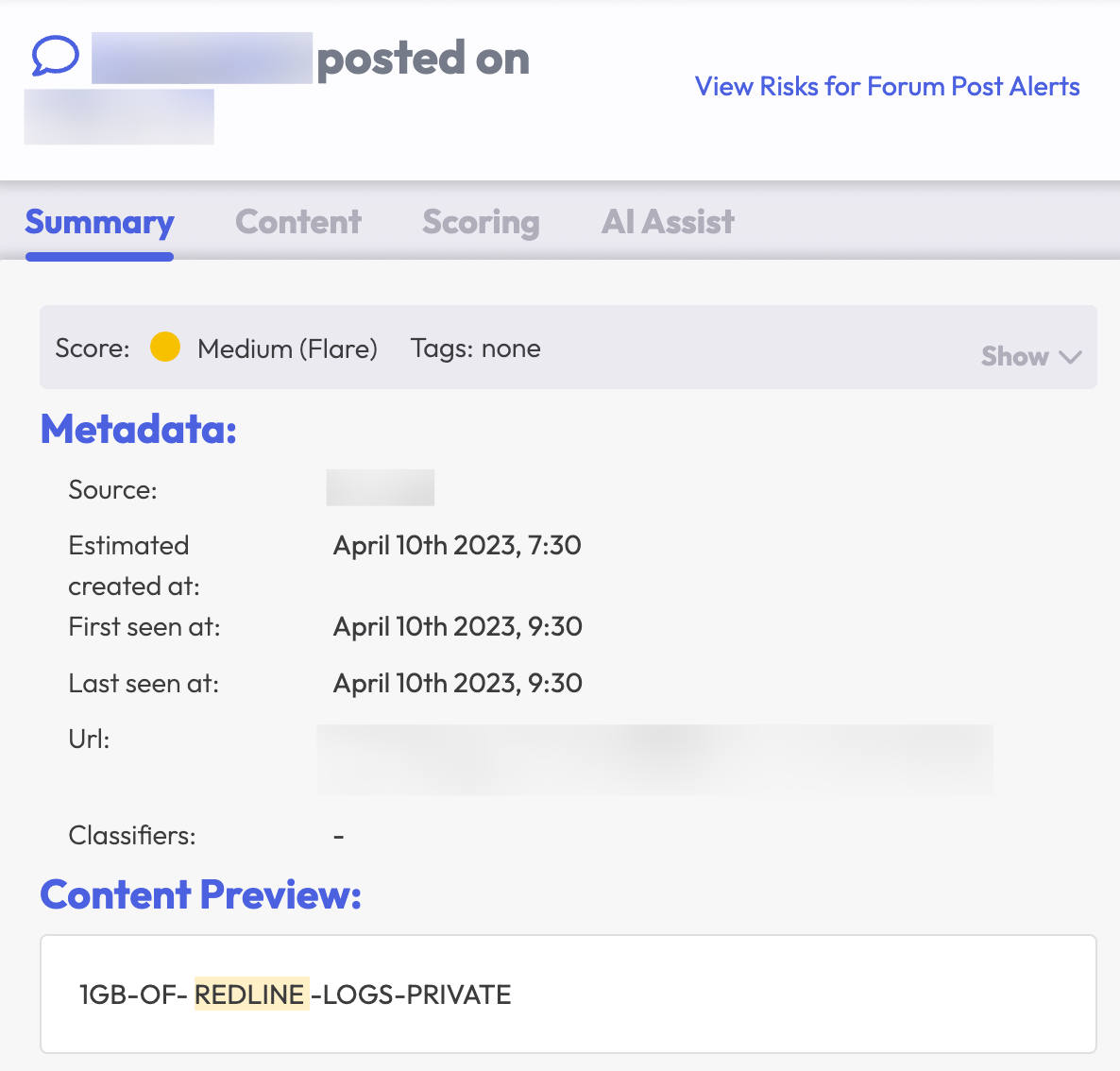 A dark web forum message screenshot from Flare. The background is a light gray with black text. The Content Preview shows: 1GB-OF-REDLINE-LOGS-PRIVATE