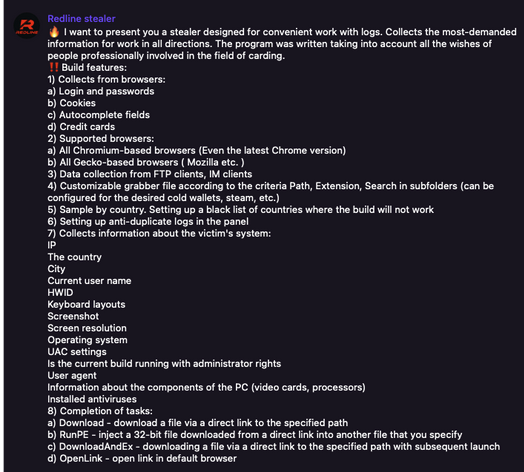 Screenshot of threat actor on Telegram promoting RedLine stealer malware. White text over a black background. The advertisement includes explanation of features, what information it collects, and more.