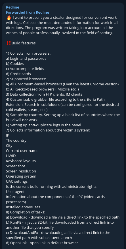 A Telegram message screenshot shows white text over a dark navy background. The message advertises features of RedLine stealer malware and the information it collects from their victims.