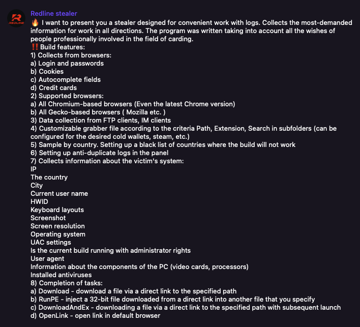 Screenshot from Telegram that shows white text over black background. The post advertises RedLine staler malware and outlines its build features.