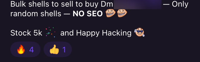 Telegram screenshot that shows threat actor advertising shells/malicious scripts. White text over black background.