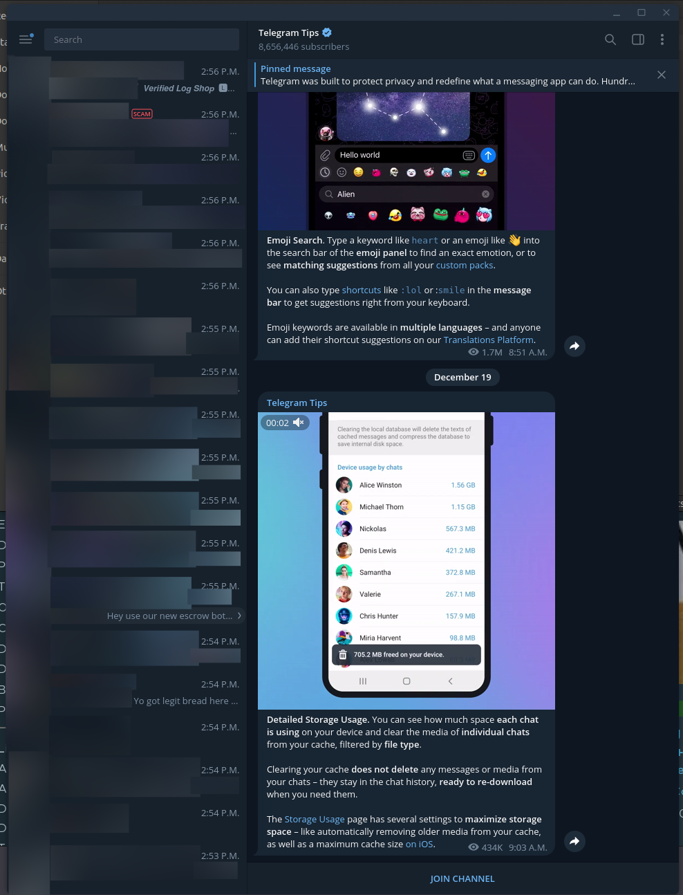 Screenshot of Telegram with the Telegram Tips on the right side of the screen demonstrating how to send messages with the left side of the screen.