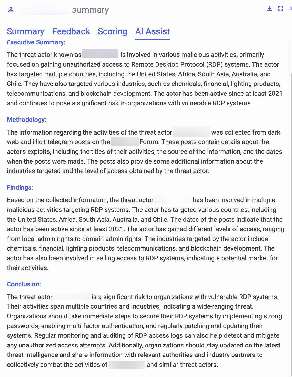 Screenshot from Flare that shows the summary of a threat actor from AI Assist. The background is a light gray. There is purple-blue text at the top for the different sections: Summary, Feedback, Scoring, and AI Assist. There is an underline under AI Assist indicating that the screen is showing this page. There is an analysis of this threat actor with the sections Executive Summary, Methodology, Findings, and Conclusion.