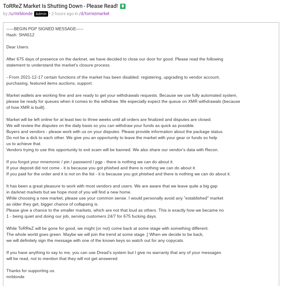 ToRReZ market administrator’s announcement.