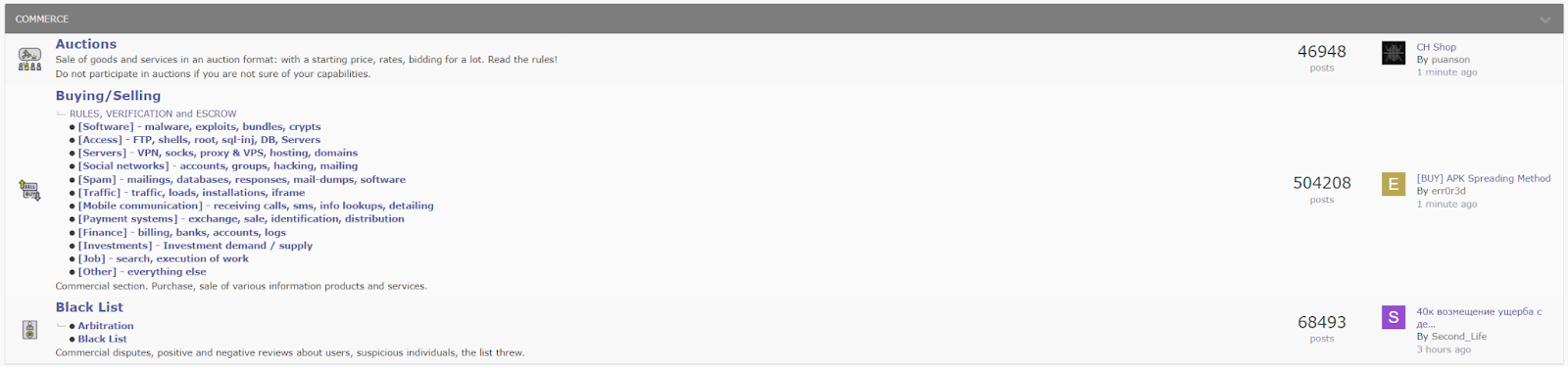 Exploit forum's "Commerce" section