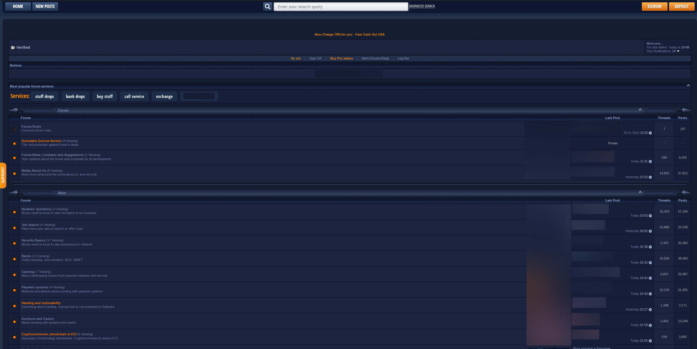 Screenshot of Verified forum. The background is navy The rest of the homepage has different sections labeled Notices, Services, Forum, and Main.